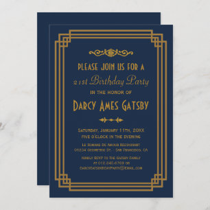 Simple Art Deco Navy Birthday Party Invites