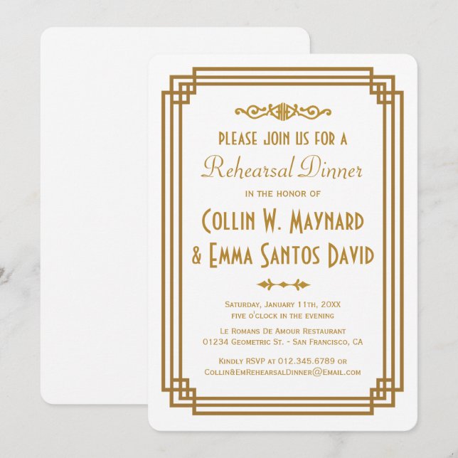 Simple Art Deco White Rehearsal Dinner Invites (Front/Back)