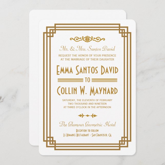 Simple Art Deco White Wedding Invitations (Front/Back)
