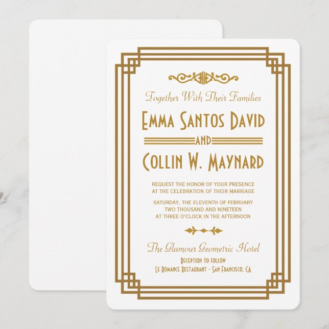 Simple Art Deco White Wedding Invites (Front/Back)