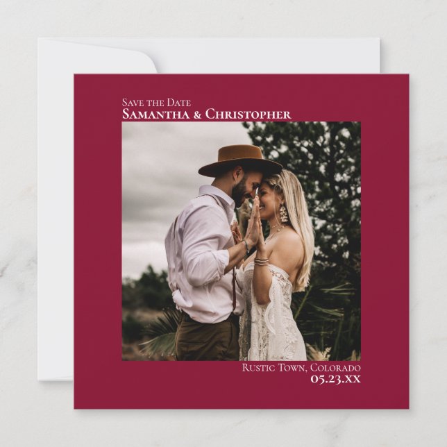 Simple Artsy Minimal Photo Cranberry Red Wedding Save The Date (Front)