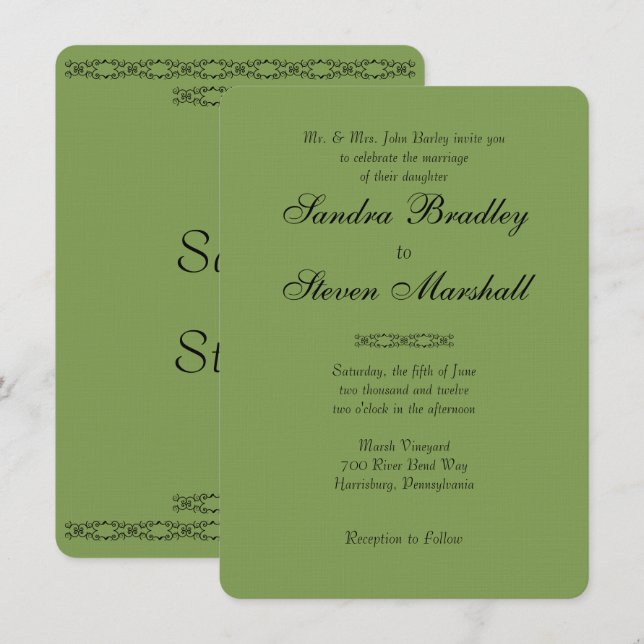 Simple Asparagus Green Wedding Invitations (Front/Back)