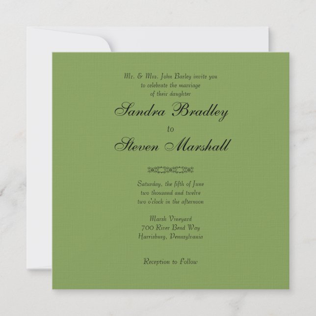 Simple Asparagus Green Wedding Invitations (Front)