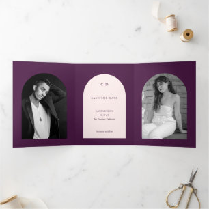 Simple Aubergine Arch Modern Wedding Save the Date Tri-Fold Announcement