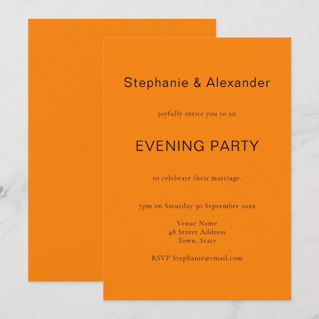 Simple Autumn Orange Wedding Evening Party Invite (Front/Back)