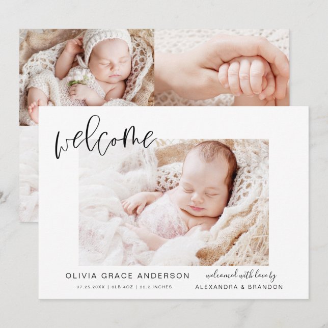 Simple Baby Announcement Elegant Photo Collage (Front/Back)