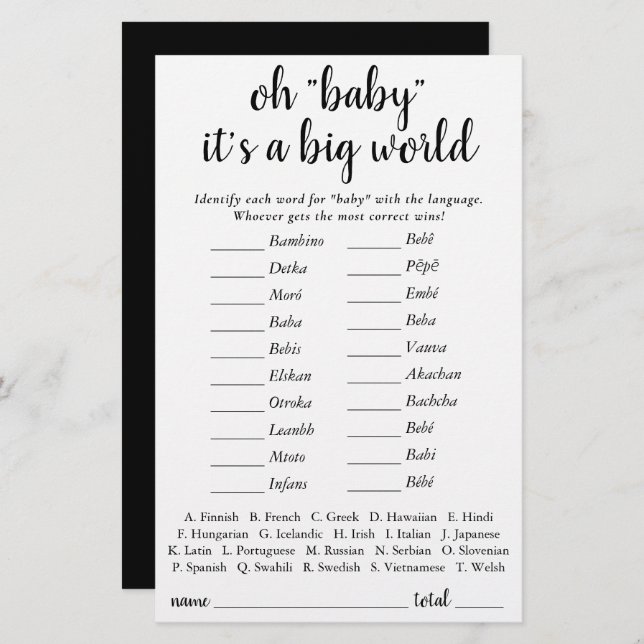 Simple Baby Around the World | Black Script Quiz (Front/Back)