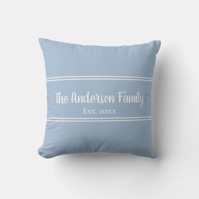 Simple Baby Blue and White Family Name Est. Cushion (Front)