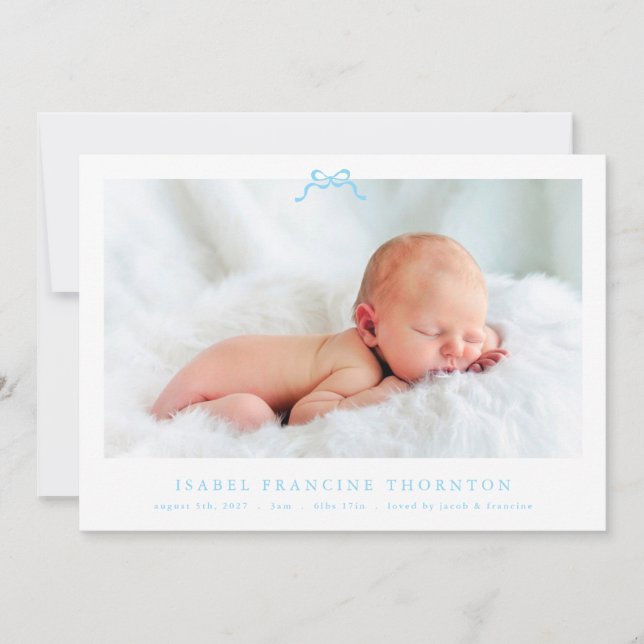 simple baby blue bow photo birth announcement (Front)
