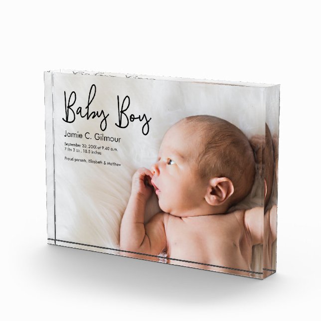 Simple Baby Boy announcement Modern Script Photo Block (Right)