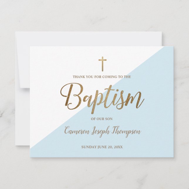 Simple Baby Boy Blue Baptism Gold Thank You Card (Front)