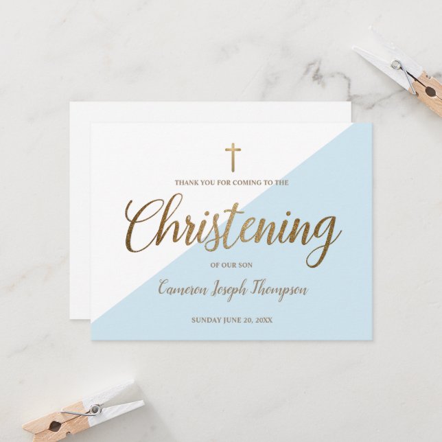 Simple Baby Boy Blue Christening Gold Thank You Card (Front/Back In Situ)
