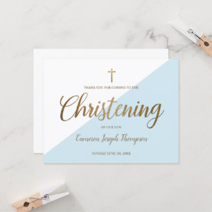Simple Baby Boy Blue Christening Gold Thank You Card