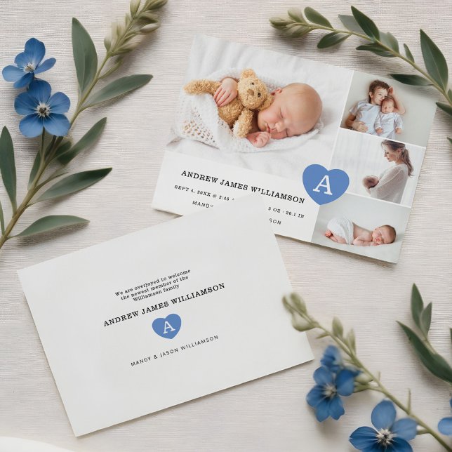 Simple Baby Boy Photo Collage Blue Monogram Heart Announcement (Simple Baby Boy Photo Collage Blue Monogram Heart Announcement)