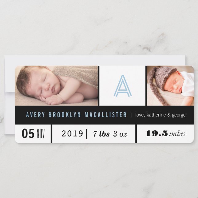 Simple Baby Boy Stats Blue Monogram 2 Photo Birth Announcement (Front)
