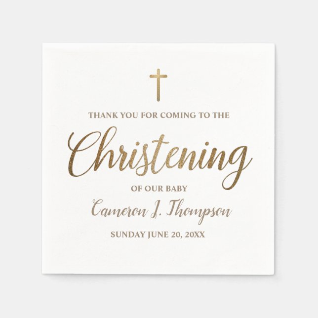 Simple Baby Christening Gold Cross Script Napkin (Front)