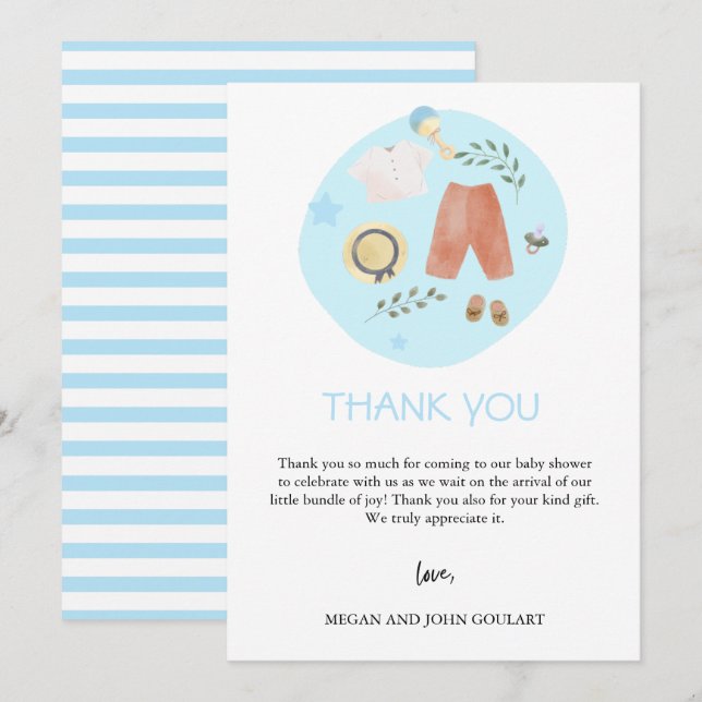 Simple Baby Clothes Blue Baby Shower Thank You Card (Front/Back)
