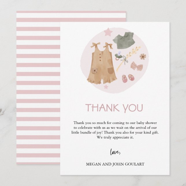 Simple Baby Clothes Pink Baby Shower Thank You Card (Front/Back)