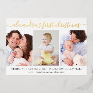 Simple Baby First Christmas Photo Collage Gold Foil Holiday Card