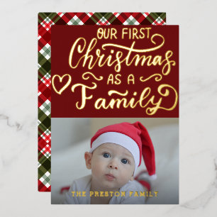 Simple Baby First Christmas Photo Collage Red  Foil Holiday Card