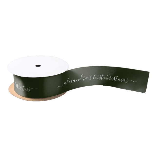 Simple Baby First Christmas Typography Green Satin Ribbon (Spool)