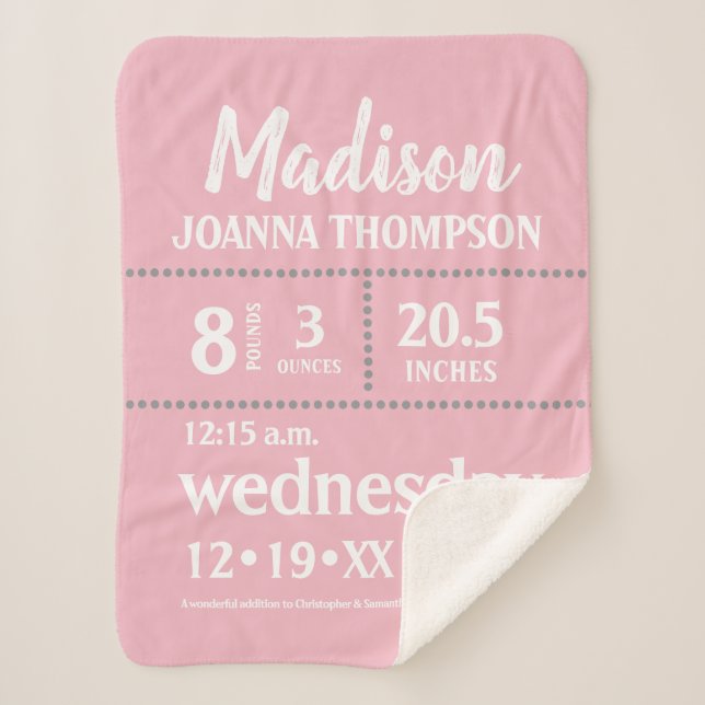Simple Baby Girl birth Information Pink Grey Sherpa Blanket (Front)