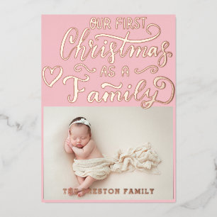 Simple Baby girl First Christmas 2 Photo pink Foil Holiday Card