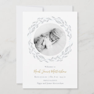 Simple Baby Photo Botanical Garland Boy Birth Announcement