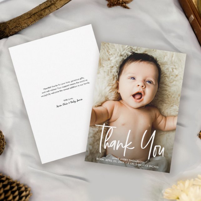 Simple baby Photo Modern birth Handlettering  Thank You Card (Creator Uploaded)