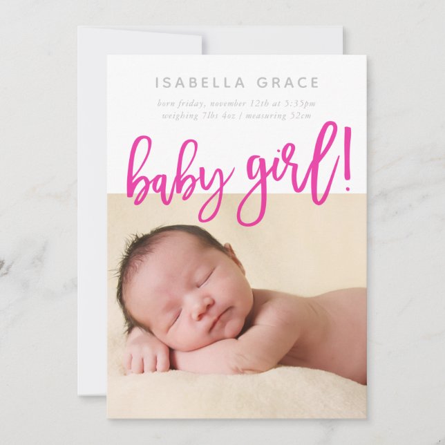 SIMPLE BABY PHOTO modern girl pink script writing Announcement (Front)