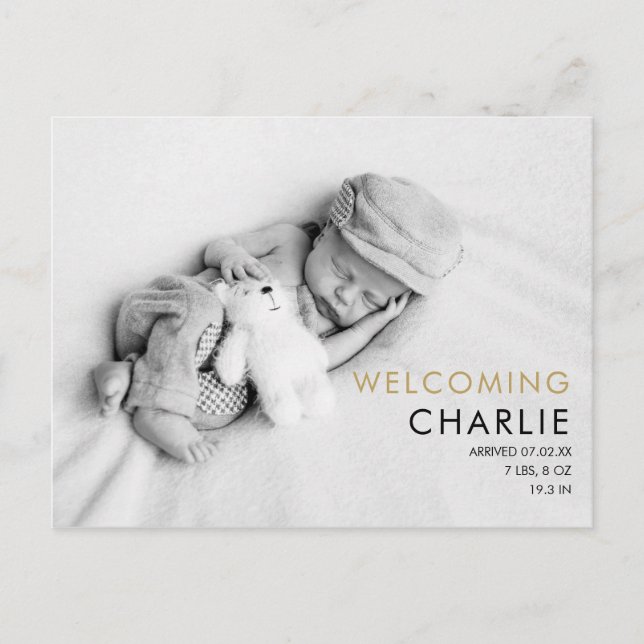Simple Baby Photo Modern Gold Love Hearts Birth Announcement Postcard (Front)