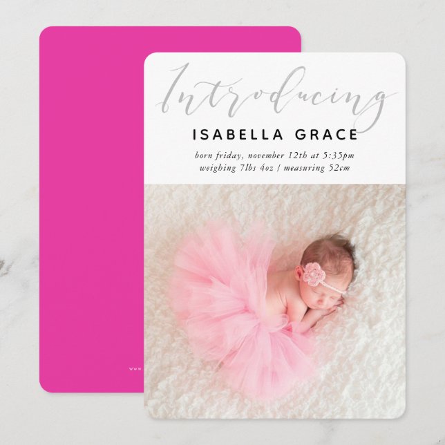 SIMPLE BABY PHOTO modern introducing girl pink Announcement (Front/Back)