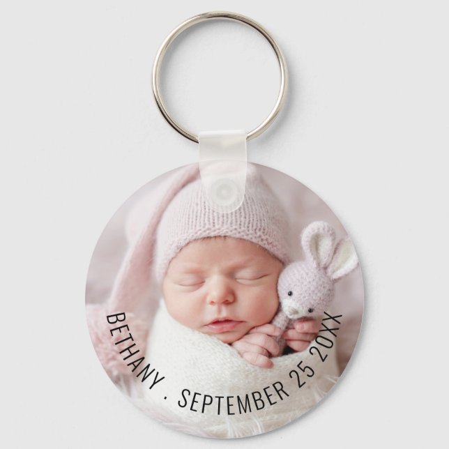 Simple Baby Photo Name Date of Birth Announcement Key Ring (Front)