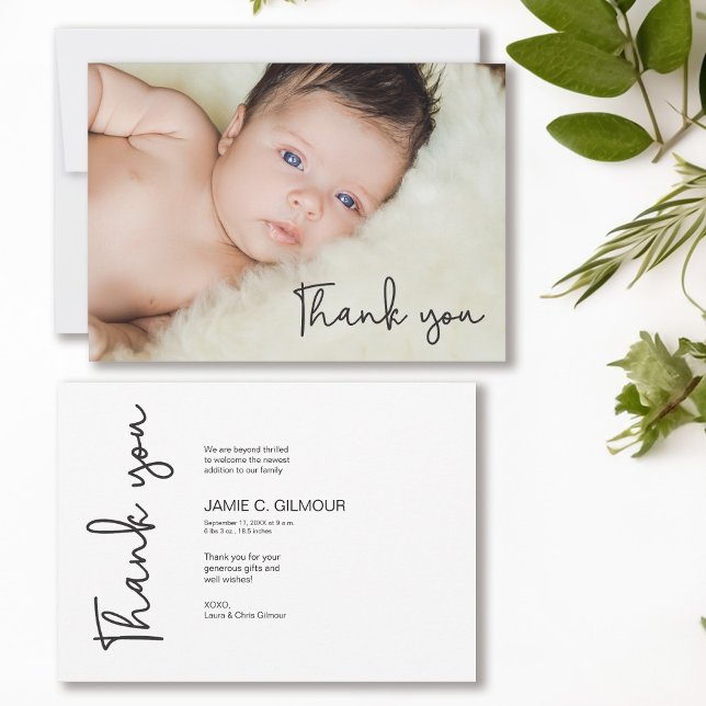 Simple Baby Photo Thank you Script Birth Announcement (Thank you and birth announcement baby photo card. Modern and trendy typography.)
