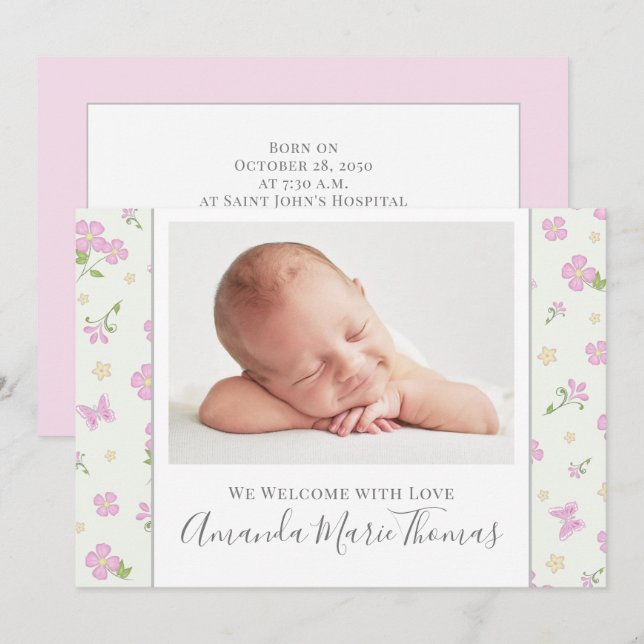 Simple Baby Pink Stylish Photo Calligraphy Script Announcement (Front/Back)