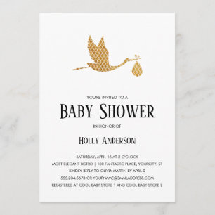 Simple Baby Shower Preppy Gold Stork w/ Bundle Invitation