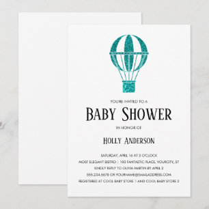 Simple Baby Shower Teal Glitter Hot Air Balloon Invitation