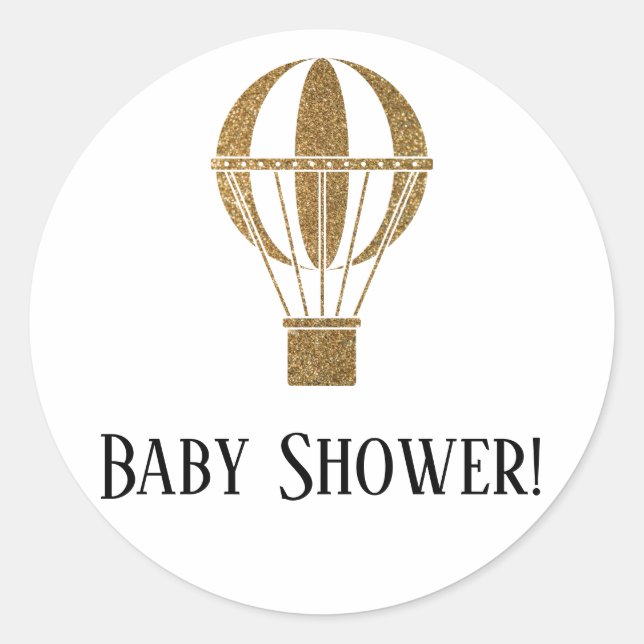 Simple Baby Shower w/ Gold Glitter Hot Air Balloon Classic Round Sticker (Front)