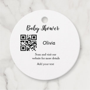 Simple baby shower website barcode QR add name det Favour Tags