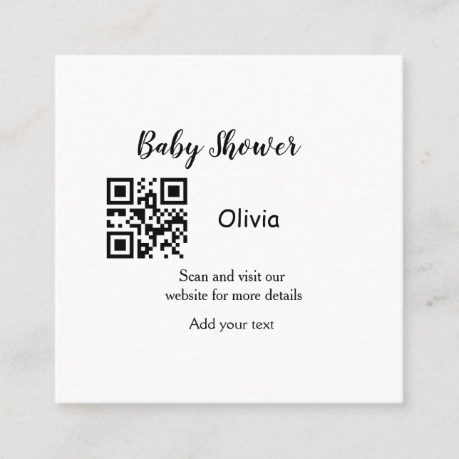 Simple baby shower website barcode QR add name det Square Business Card (Front)