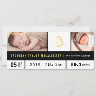 Simple Baby Stats Yellow Monogram 2 Photo Birth Announcement