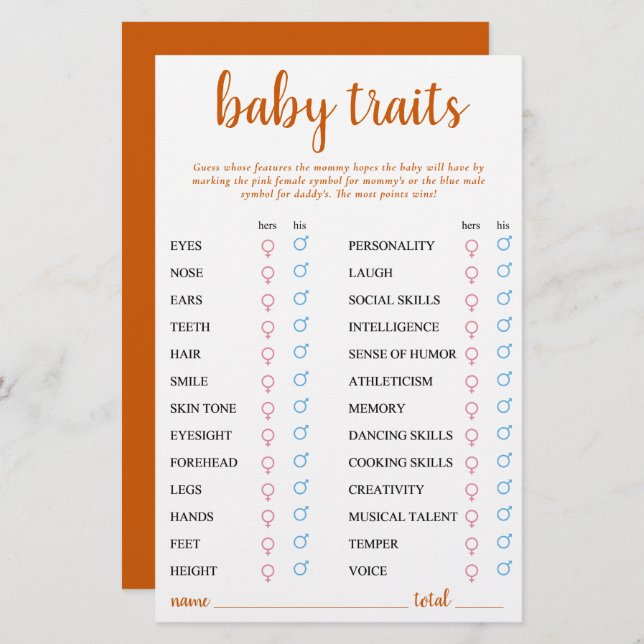 Simple Baby Traits | Fall Orange Prediction Game (Front/Back)