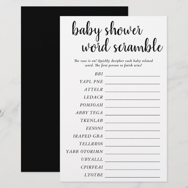 Simple Baby Word Scramble | Black White Game Card (Front/Back)