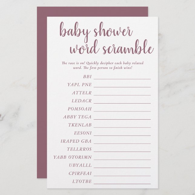 Simple Baby Word Scramble | Mauve Pink Game Card (Front/Back)