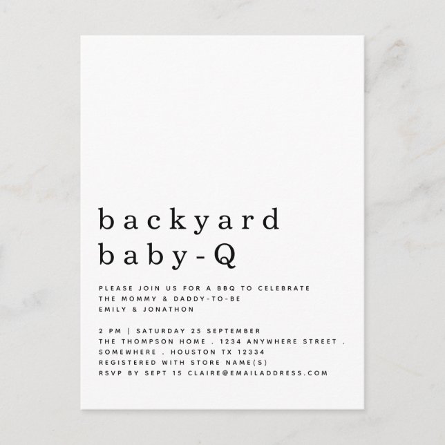 Simple Backyard Baby Q BBQ Shower Any Colour Invit Postcard (Front)