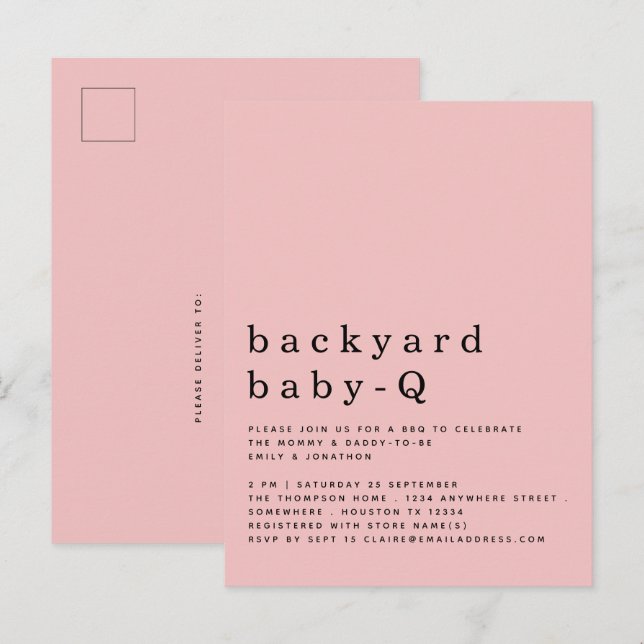 Simple Backyard Baby Q BBQ Shower Pink Invitation Postcard (Front/Back)