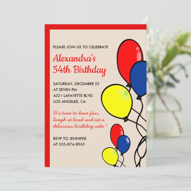 Simple Balloons 54th birthday invitations  (Standing Front)