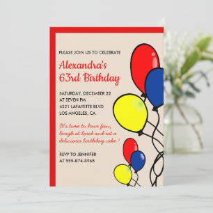 Simple Balloons 63rd birthday invitations
