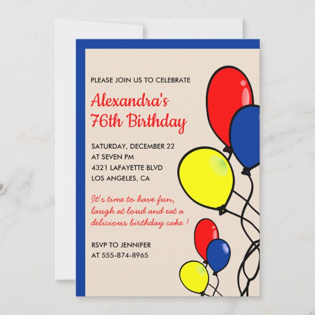 Simple Balloons 76th birthday invitations  (Front)