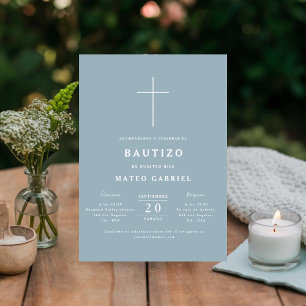 Simple Baptism Dusty Blue Spanish Bautizo Invitation